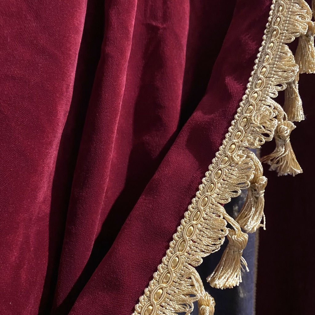 CURTAIN, Dark Red Velvet Pair w Gold Fringe Edge 1.4m x 1.25m drop